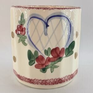 Country Farmhouse Style Ceramic Candle Holder Hearts And Florals Red Blue